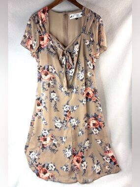 Hell Bunny HOLLY Dress XL Beige Floral Tie-Top Mini Dress w Pink & Blue Blooms